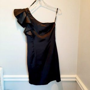 Bardot Black Satin Estella Frill One Shoulder Mini Dress NWT